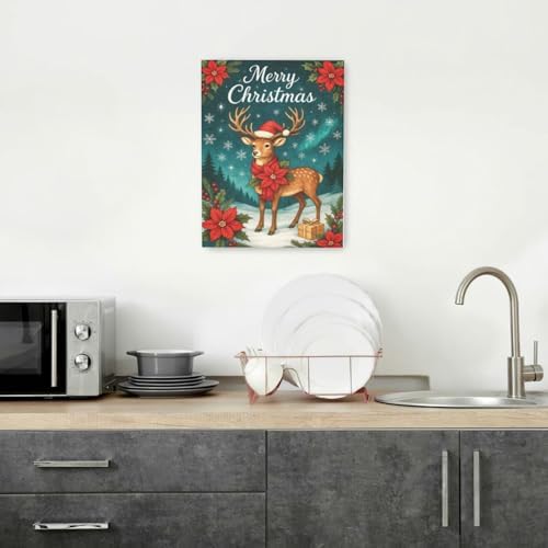 Reindeer Merry Christmas Wall Art Winter Reindeer Deer Poinsettia Canvas Wall Decor Elk Pictures Painting Print Framed Artwork Decorations Gifts for Living Room Bedroom Office 12"x16"