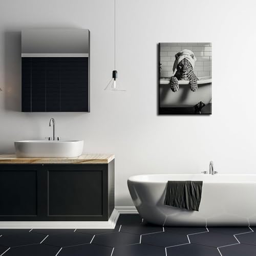 Leopard In Bathtub Canvas Wall Art Trendy Black and White Bathroom Animal Wall Decor Picture FunkyMaximalistLeopard Bathroom Aesthetic Poster Print for Restroom Toilet Decoration 12x16in