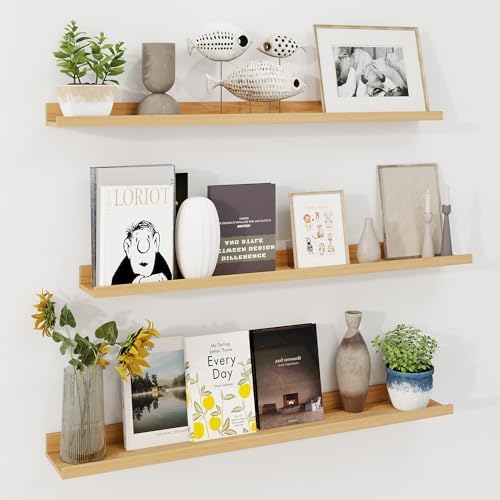 Axeman 40 Inch Floating Shelves, Oak Picture Ledge Shelf Set of 3