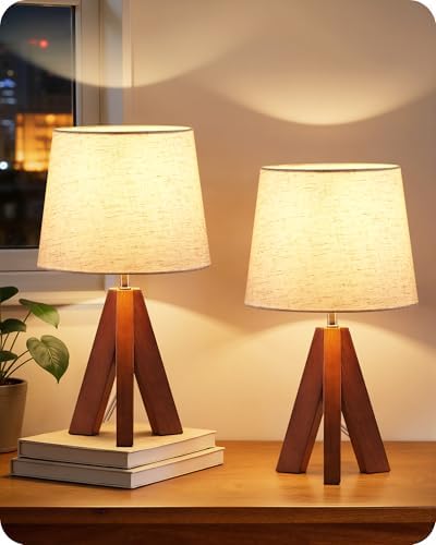 Tripod Table Lamps Set of 2, Small Bedside Lamps, Modern Nightstand Lamp with Dark Pearwood Base & Beige Shade, Boho Desk Light for Bedroom, Kids Room, Living Room, Office, Study, LE51TLP205