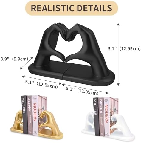 Black Decorative Bookends for Shelves, Heart Hands Book Ends Sculpture Aesthetic Decor for Bedroom Living Room Merch Apartment Bookshelf Birthday Women Decorations Stuff Aesthetic
