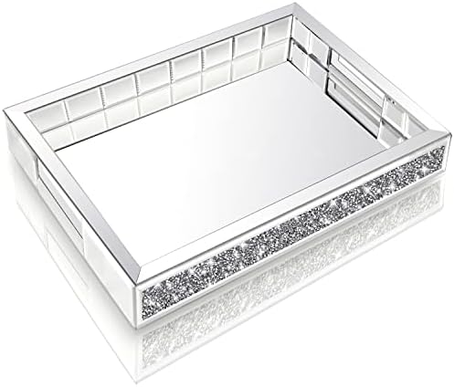Wocred Mirror Jewelry Organizer fits Dresser Bedroom,Crushed Diamond Bathroom Tray with Handles,Perfume Tray,Decorative Serving Tray for Coffee Table Decor(11”x15”x2”)
