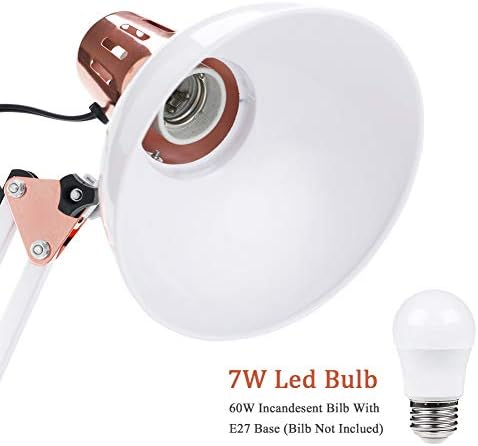 PowerKing Metal Swing Arm Desk Lamps with Base & Clamp, White Rose Gold