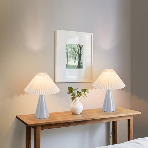 Ziqqeelam Light Blue Small Table Lamp, Cute Table Lamp, Pleated Table Lamp,Light Blue Bedroom Lamps for Nightstand, Small Scalloped Lamp Shade Table Lamps for Small Spaces for Bedroom,Living Room