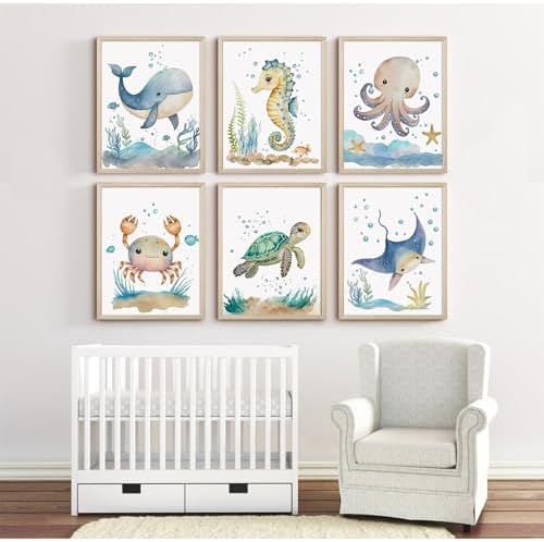 Nursery Sea Animal Wall Decor Set of 6 Ocean Watercolor Canvas Wall Art Baby Boys Room Wall Art Ocean Sea Animal Pictures Kids Girl Art Prints Nursery Artwork for Bedroom 12x16 Inch Framed