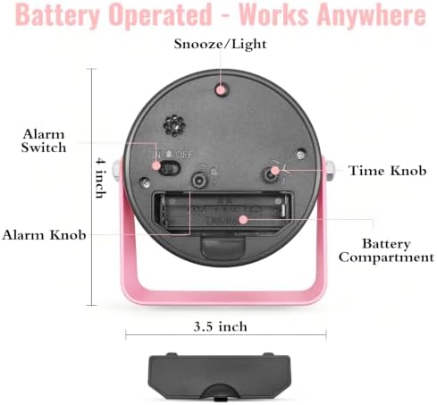 Lamisola 3.5 Inch Small Desk Battery Clock, Pink Alarm Clock for Girls