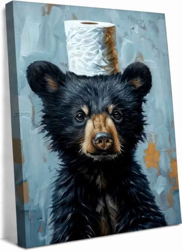 Funny Bathroom Bear Canvas Wall Art, Black Bear with Paper Poster Print Artwork, Humor Animal Painting Picture Wall Decor, for Kids Restroom, Cabin, Bathroom, Home Decoration, 12x16in