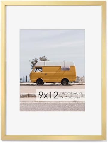 Fun Memories 9x12 Metal Picture Frame- 9x12 Aluminum Photo Frames with 6x8 Mat, High-Definition Plexiglass Front, and Hanging Hardware - Ideal for Wall or Tabletop Display (Gold, Pack of 1)