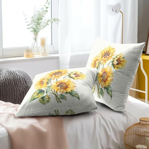 Watercolor Sunflower Throw Pillow Covers 22x22 Inch Set of 2 Floral Spring Summer Pillow Case Yellow Flowers Vintage Pillowcases Farmhouse Rustic Seasonal Cushion Cases for Home Couch Sofa