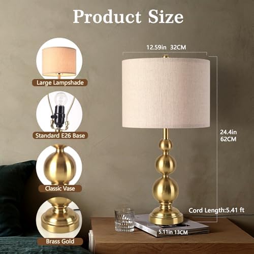Ziqqeelam Gold Table Lamp Set of 2, 24.4" Table Lamps for Living Room, Gold Tall Skinny Table Lamps, Modern Buffet Lamp for Bedroom Bedside, Nightstand, Desk, End Table, Entry Way