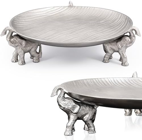 Round Tray with Elephant Stand – Silvery Decorative Tray for Coffee Table Tray, Dining Table Centerpiece Decor, Round Trays Home Decor, Serving Tray for Kitchen Counter Decor