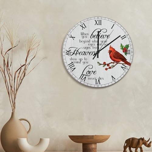 Cardinal Red Birds Wall Clock Love Never Dies 15 Inch Round Wall Clocks Battery Operated Silent Christmas Wall Decor Home Decor for Living Room Kitchen Bedroom Office