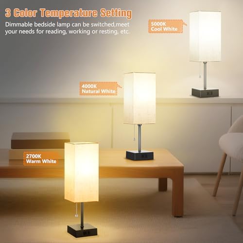 Table Lamp for Bedroom Set of 2, Bedside Lamps with 3 Color Temperatures Night Light, Lamp for Night Stands with AC Outlet and Square Shade, Pull Chain Small Desk Lamp for Living Room Home Decor