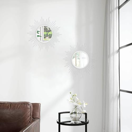 Sunburst Wall Mirrors 2 Set 12'' Decor Art Mirror Bohemian Home Round Modern Metal Mirror for Bedroom Living Room Hallway Bathroom Balcony White