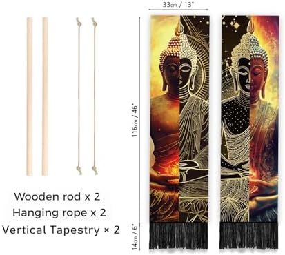 PLIGREAT 2 Pack Buddha Tapestry with Tassels, Vertical Zen Decor Long Narrow Wall Tapestry Meditation Wall Hanging for Yoga Room Bedroom Living Room Dorm Room Home Art Decor, 46" x 13"