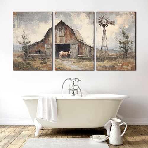 Rustic Farmhouse Wall Art Vintage Windmill Wilderness Canvas Painting for Living Room Nature Village Scenery Canvas Artwork Farm Cow Paintings Wall Decor for Kitchen Office Home Decorations 24x36"