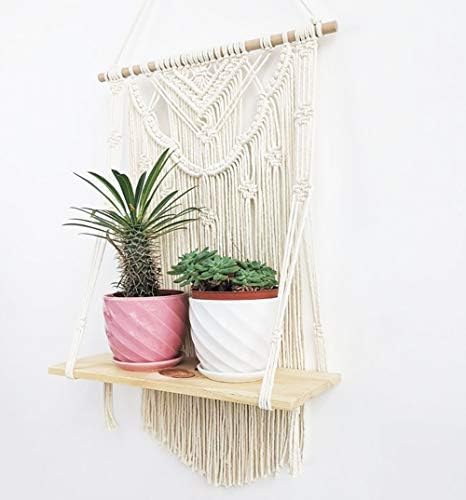 Macrame Wall Hanging Shelf, Wood Hanging Shelf Organizer Hanger, Handmade Cotton Rope Bohomia Woven Home Wall Decor (Flower)