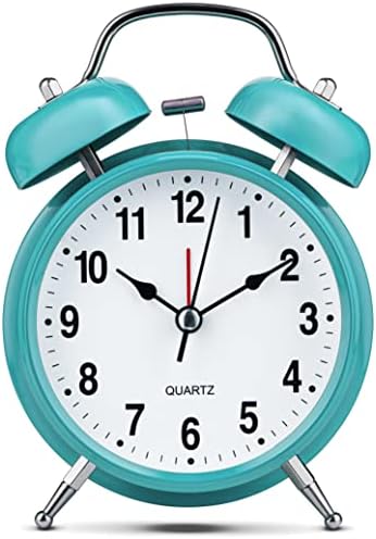 Bernhard Products Analog Alarm Clock 4" Twin Bell Robin Egg Blue Silent Non-Ticking Quartz Battery Operated Extra Loud with Backlight for Bedside Desk, Retro