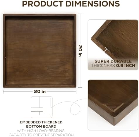 Axeman 20 Inch Large Square Wooden Ottoman Tray for Living Room|Extra Large Serving Tray with Handles for Coffee Table, Breakfast|Decorative Wood Tray for Ottoman Couch Sofa Kitchen|Walnut