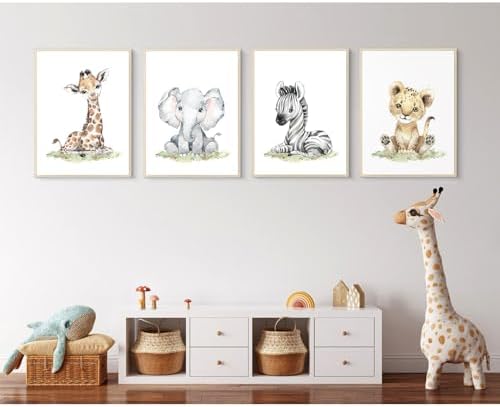 Safari Nursery Wall Art Decor Baby Animal Canvas Wall Art Woodland Nursery Wall Decor Kids Jungle Animal Pictures Safari Giraffe Elephant Tiger Prints for Room Bedroom Set of 4 12x16 Inch Framed