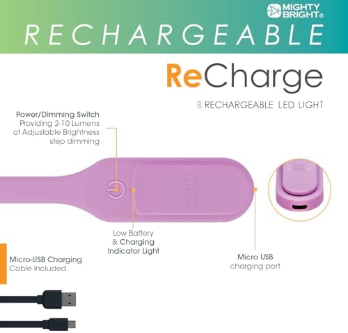 Mighty Bright The Original Recharge Clip On – USB Rechargeable Book Light – Warm LED Reading Lamp – Flexible, Dimmable, Lasts Up to 60 Hours a Charge (Lavender)