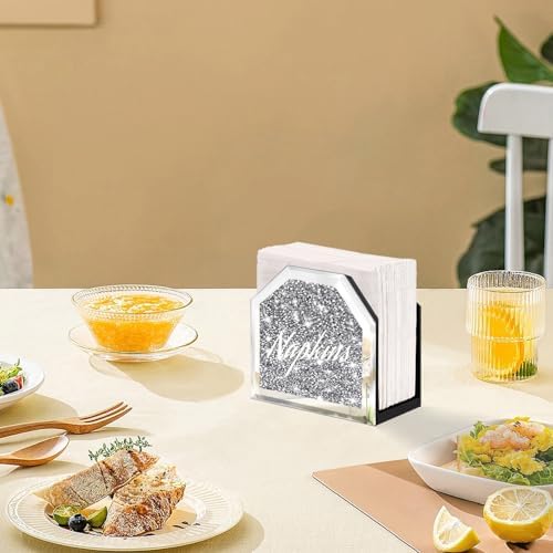 Wocred Mirror Napkin Holder,Crystal Crushed Diamond Vertical Holder,Cute Tissue Holder Holds Napkins Upright for Bathroom，Dining Table，Kitchen Table.(5.9”X5.9”X3”)