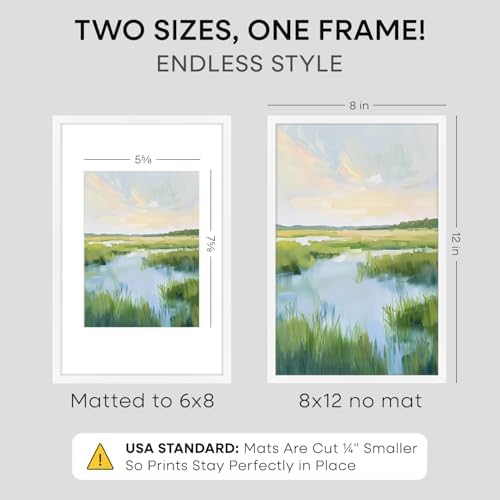 Homeforia 8x12 White Picture Frame, High-End Metal, 6x8 Mat, Glass