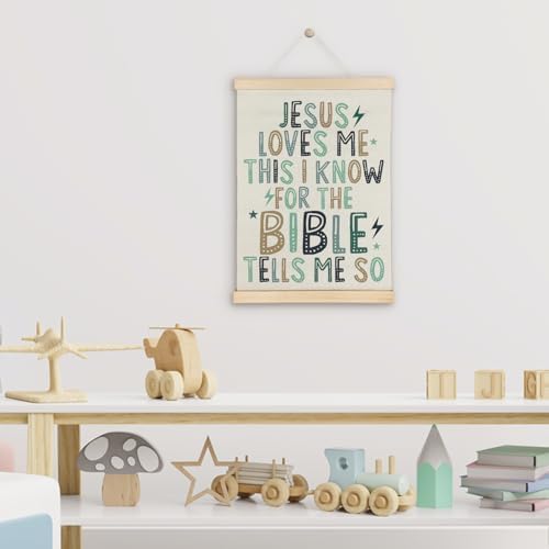 SereneHanctuary Christian Kids Wall Art, Bible Verses Wall Decor,Jesus Loves Me Poster Hanger Frame for Bedroom Nursery Kids Toddler Room Decor,12X16Inches