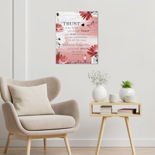 LB Country Bible Verse Wall Art for Bathroom Red Floral on Retro Grey Wood Canvas Wall Art Wall Paintings Home Decor Butterfly Wall Pictures for Living Room Bedroom Office Ready To Hang,12x12 Inch