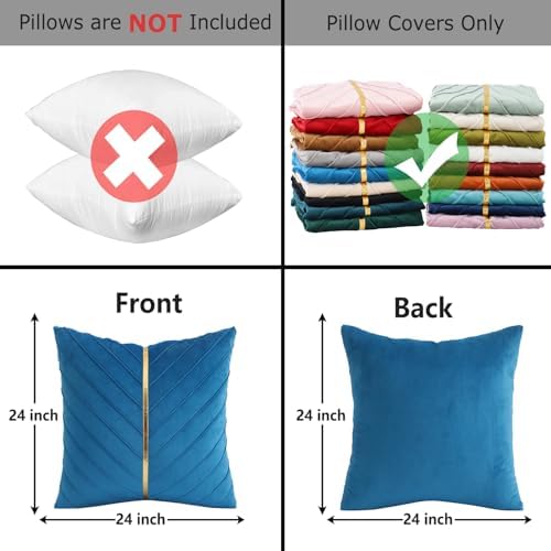 Velvet Throw Pillow Covers 24x24 Pack of 2 Gold Decor Lake Blue