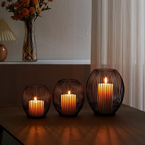 OLEEK Small Outdoor Candle Holders for Patio - Pillar Candle Holder - Black Wire Candle Holder for Table Centerpiece - Iron Lantern Decorative Candles - Farmhouse Decor Fireplace Metal Candle Holders