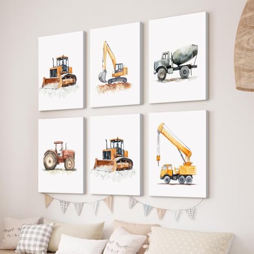 Nursery Construction Truck Wall Art Decor Toddler Boys Room Poster Kids Nursery Tractor Canvas Wall Art Construction Vehicle Pictures Boy Truck Artwork for Bedroom Playroom 8x10x6 Inch Wrapped Canvas