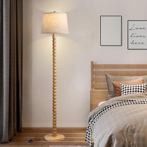 Real Wood Floor Lamp for Living Room,Wooden Standing Lamp with 3 Color Changing Bulb Included, Tall Lamp with Linen Shade,Farmhouse Floor Lamp for Living Room,Bedroom,Corner,Dining Room and Office