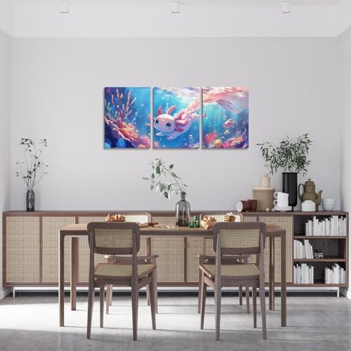 Feelyou Cute Axolotl Wall Decor for Kids Bedroom Wall Art Ocean Sealife Wall Painting Wall Artworks Hang Pictures for Office Decor Cartoon Axolotl Bathroom Home Decor Posters 12x16 inch 3 Piece