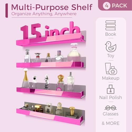 4 Pack 15 Inch Pink Reflective Acrylic Floating Wall Shelves