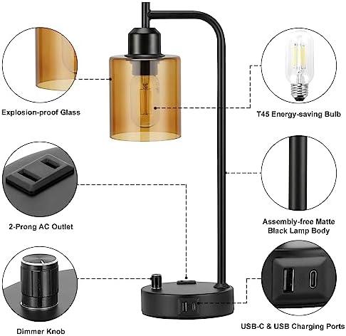 Industrial Bedside Lamps for Nightstand Set of 2 - Fully Dimmable Bedroom Lamps with USB A C Ports and Outlet, Black Table Lamps with Amber Glass Shade for Living Room, Desk Lamps for Office Reading