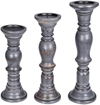 Rustic Candle Holder Set of 3 – 10", 8", 6" – Burnt Finish Wooden Pillar Stands for Wedding, Party, Home Décor, Spa – Country Style Gift for Table Centerpiece