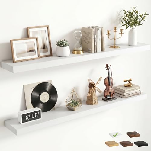 FLYJOE 48 Inch Floating Shelves for Wall Set of 2, 6.5" D Wood Grain Bathroom Shelves with Invisible Brackets, Easy Install Engineered Wood Storage Shelves for Kitchen, Living Room, Bedroom