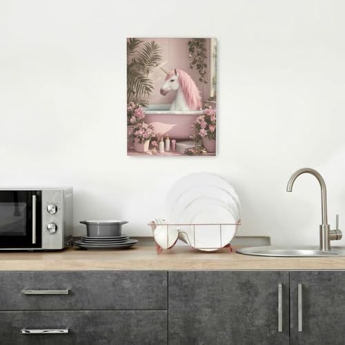 Pink Unicorn Bathroom Decor Wall Art Unicorn in Bathtub Canvas Prints Painting Cute Animal Bathing Pictures Artwork Home Decorations for Girls Restroom Framed Gifts 12"x16"