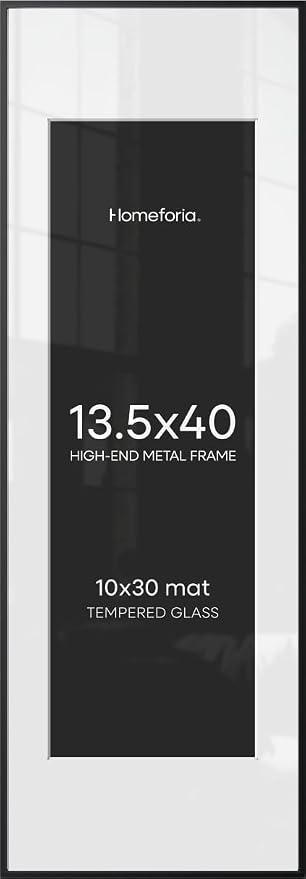 Homeforia 13.5x40 Black Picture Frame, High-End Metal, 10x30 Mat, Glass