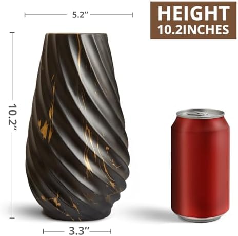 10 inch Tall Ribbed Ceramic Vase for Flowers,Boho Vases for Pampas Grass,Fluted vase,Simple Modern Decorative Vase for Home Decor Table Centerpieces (Black,Gold Marble)