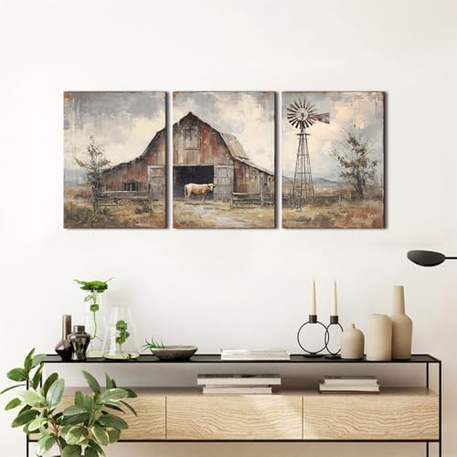Vintage Farmhouse Wall Art Western Country Canvas Pictures for Living Room Rustic Cottage Painting Poster Windmill Barn Cow Prints Nature Landscape Canvas Artwork Bedroom Home Decorations 12x16" 3Pcs