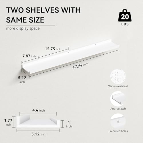 Boswillon Floating Shelves Set of 2, Long Wall Shelf with Lip, 48in, White