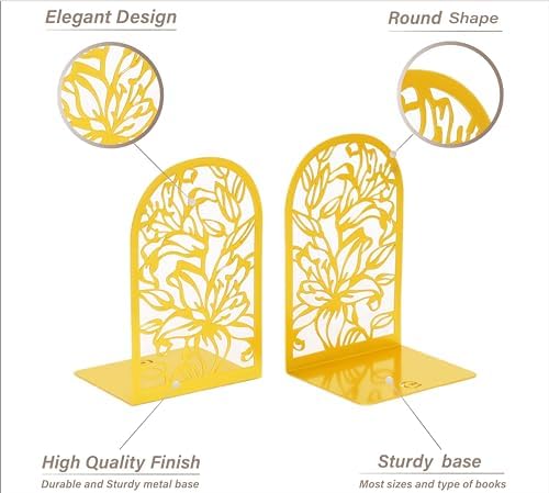 CNK Premium Bookends, Metal Book Stoppers for Heavy Books, Home Office & Decor (Lily Flower Gold)