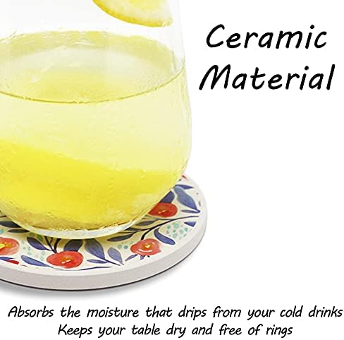 AD Set of 6 Coasters for Drinks Absorbing Round Ceramic Stone Coaster with Cork Base Tabletop Protection Mat for Mugs and Cups,Office,Kitchen (Watercolor Flowers with Holder)