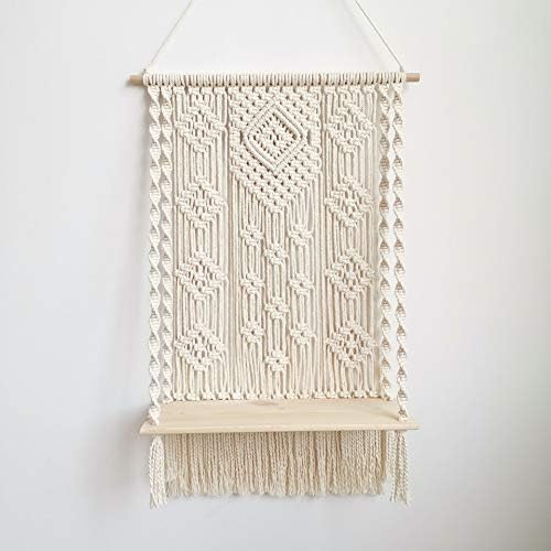 Macrame Wall Hanging Shelf, Boho Decorative Floating Plants Swing Hanging Shelf Wooden Storage Hanger, Handmade Cotton Rope Woven Home Wall Decor