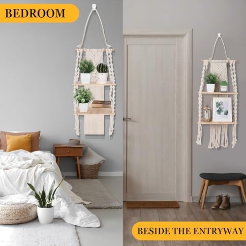 Barydat 1 Pack Macrame Wall Hanging Shelf 2 Tier Handmade Boho Hanging Wall Shelf Floating Woven Rope Decorative Storage Racks Holder Organizer for Home Bedroom Bathroom Plants, Beige (Classic)