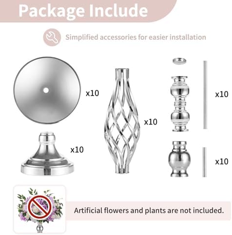 NUPTIO Silver Centerpiece Stand for Table, Twist Style, 22.8" Tall, 10 Pcs