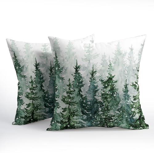 Winter Forest Pillow Covers 24x24 Inch 2Pcs Watercolor Green Misty Pine Tree Nature Landscape Throw Pillows Cover Mountain Square Cushion Cover for Home Sofa Patio Living Room