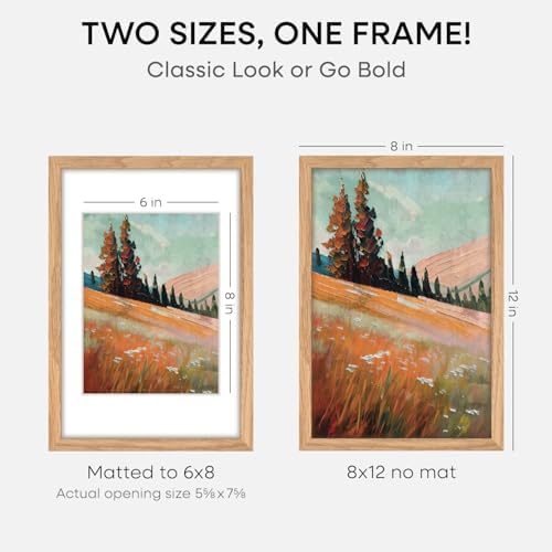 Homeforia 8x12 Natural Oak Picture Frame, High-End Wood, 6x8 Mat, Glass